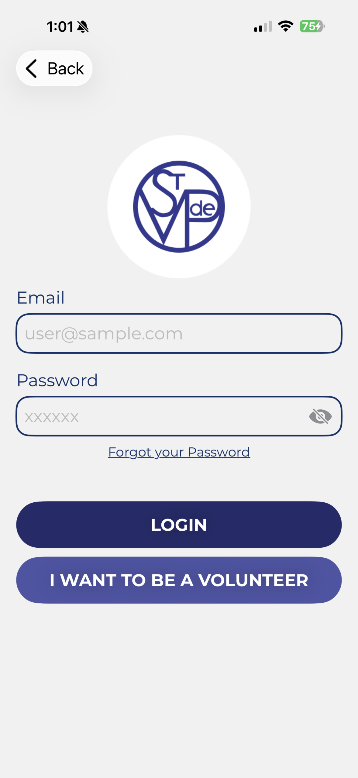 SVDPApp mobile login screen displayed inside a phone-style frame