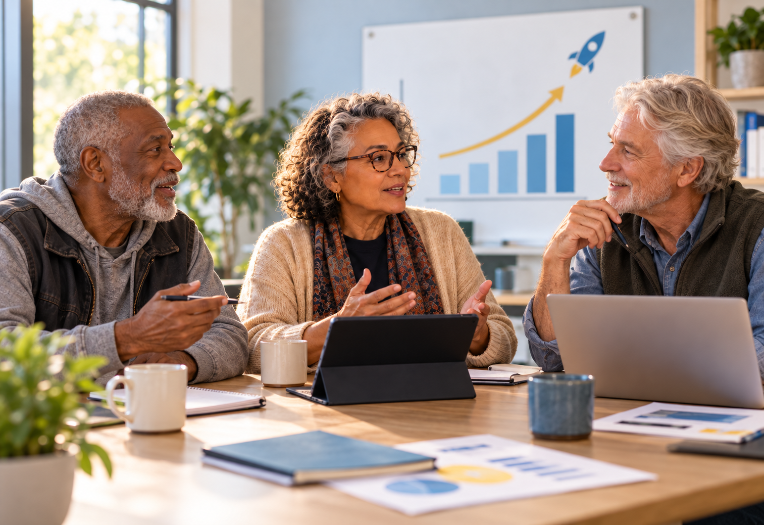 Three older adults discussing a technology project with a growth chart and rocket